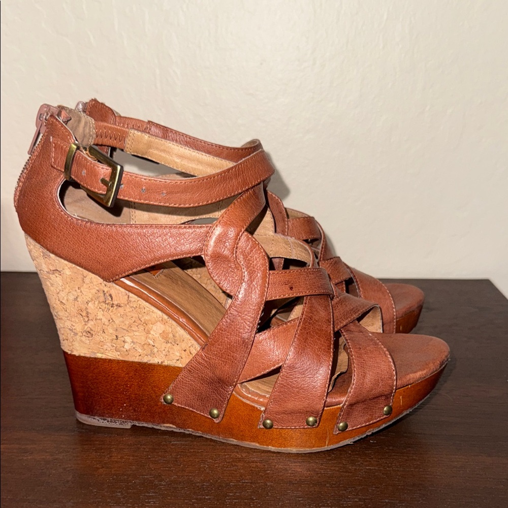 Miz Mooz Kay Cognac Leather Strappy Cork Wood Wedge Sandals Brown Womens - Picture 3 of 12